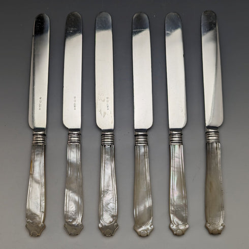 英国アンティーク 彫刻白蝶貝ハンドル デザートカトラリー6ペアセット Elkington & Mason