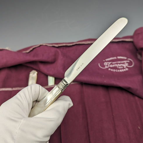 英国アンティーク 彫刻白蝶貝ハンドル デザートカトラリー6ペアセット Elkington & Mason