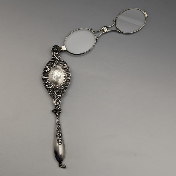 19世紀後半 米国アンティーク 純銀製 ロニエット 携帯用折りたたみ式眼鏡