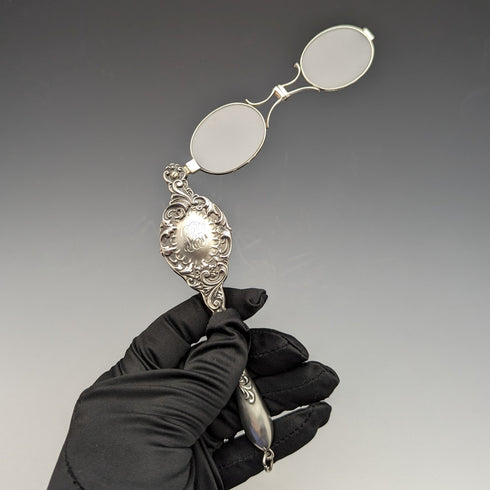 19世紀後半 米国アンティーク 純銀製 ロニエット 携帯用折りたたみ式眼鏡