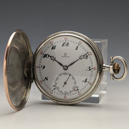 1915年頃 アンティーク オメガ 懐中時計 銀側薄型ハンターケース 動作良好