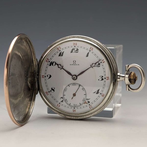 1915年頃 アンティーク オメガ 懐中時計 銀側薄型ハンターケース 動作良好