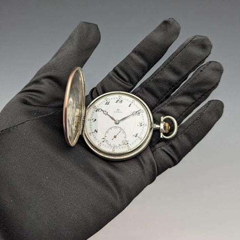 1915年頃 アンティーク オメガ 懐中時計 銀側薄型ハンターケース 動作良好