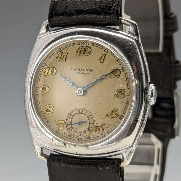 1920年代 英国アンティーク J.W.ベンソン 腕時計 クッションケース 動作良好