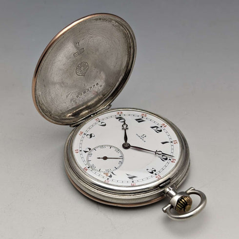 1915年頃 アンティーク オメガ 懐中時計 銀側薄型ハンターケース 動作良好