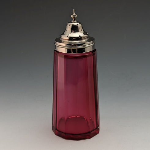 British antique cranberry cut glass & silver plate spice container