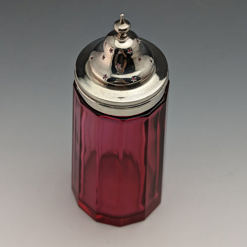 British antique cranberry cut glass & silver plate spice container