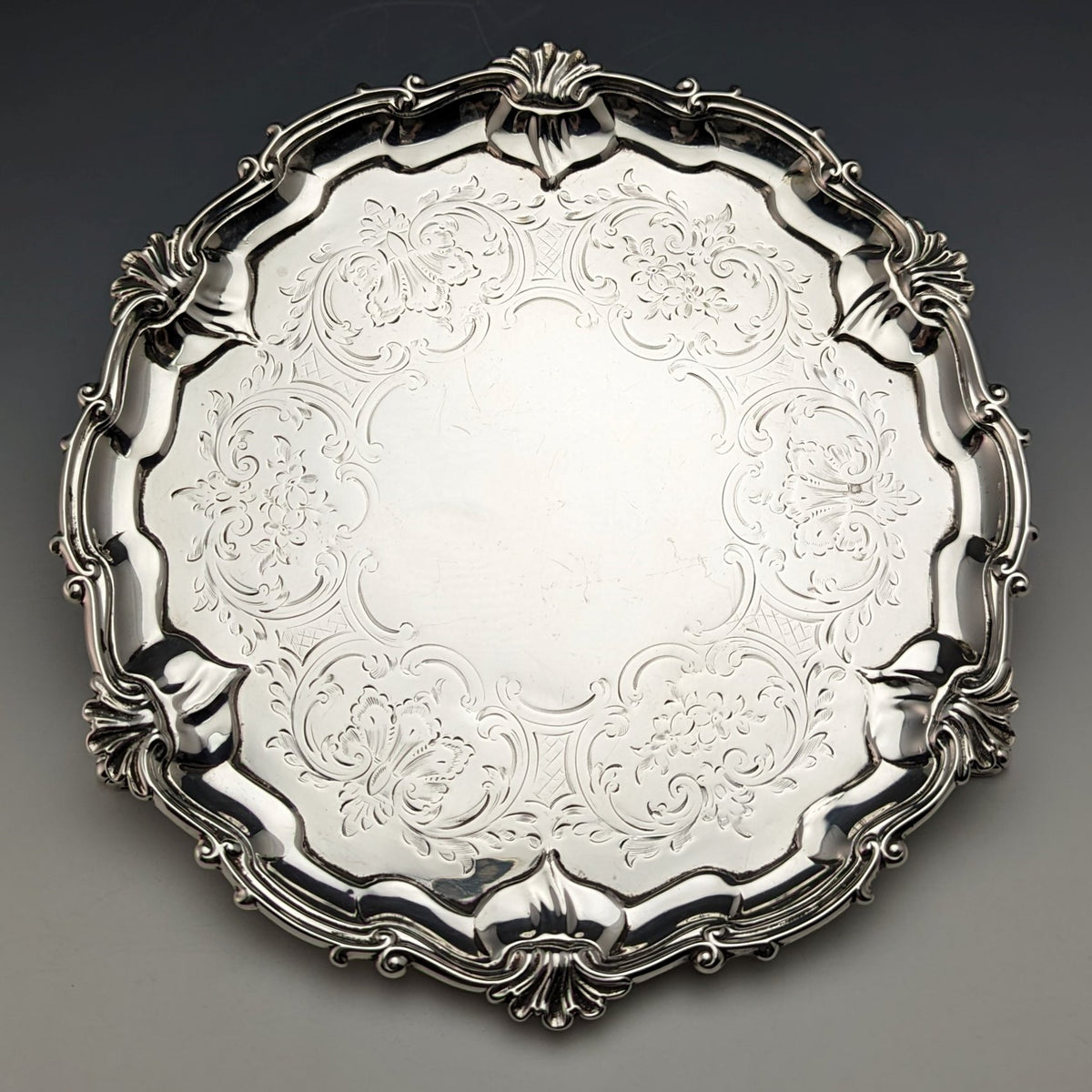 1899年 英国アンティーク 純銀製サルヴァ カードトレイ 直径22cm 315g Mappin Brothers 1899年 英国アンティーク 純銀製サルヴァ カードトレイ 直径22cm