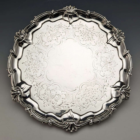1861年 英国アンティーク 純銀製サルヴァ カードトレイ 直径23cm 358g Edward & John Barnard