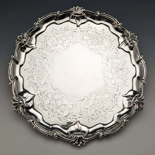 1861年 英国アンティーク 純銀製サルヴァ カードトレイ 直径23cm 358g Edward & John Barnard