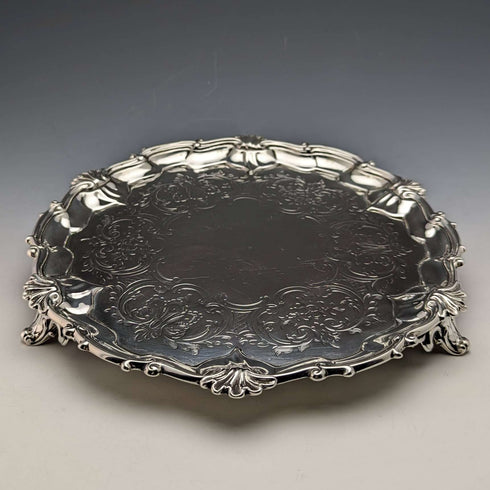 1861年 英国アンティーク 純銀製サルヴァ カードトレイ 直径23cm 358g Edward & John Barnard