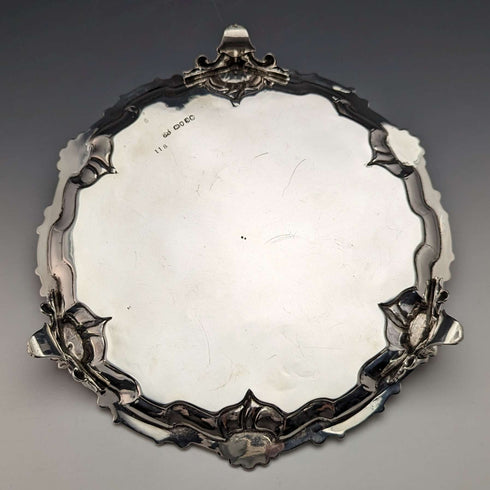 1861年 英国アンティーク 純銀製サルヴァ カードトレイ 直径23cm 358g Edward & John Barnard