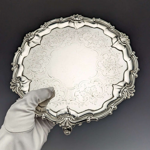1861年 英国アンティーク 純銀製サルヴァ カードトレイ 直径23cm 358g Edward & John Barnard