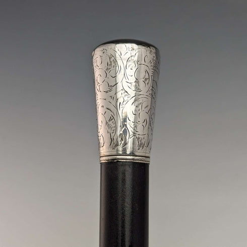 1920 British antique gentleman's walking stick, pure silver engraving, round handle, black shaft, 91.5cm