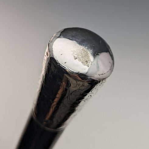 1920 British antique gentleman's walking stick, pure silver engraving, round handle, black shaft, 91.5cm