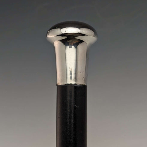 1924 British Vintage Men's Walking Stick, Sterling Silver, Round Handle, Black Shaft, 91.5cm