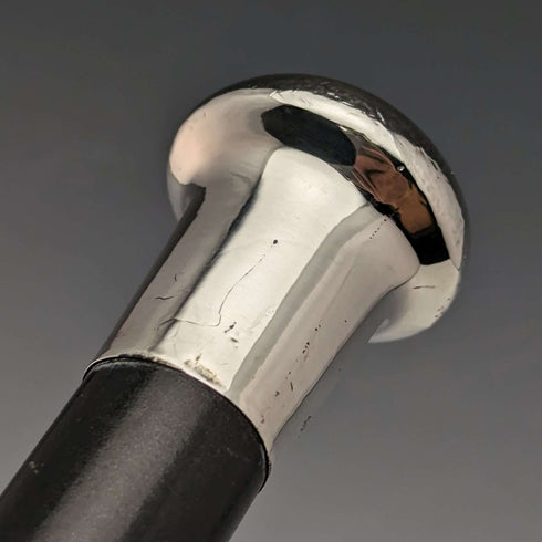 1924 British Vintage Men's Walking Stick, Sterling Silver, Round Handle, Black Shaft, 91.5cm