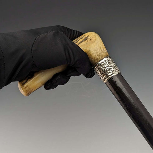 1894 British Antique Men's Cane Sterling Silver Decorated Antler Handle Black Shaft 84cm