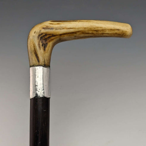 Circa 1900 British Antique Men's Cane Sterling Silver Decorated Antler Handle Brown Shaft 85.5cm