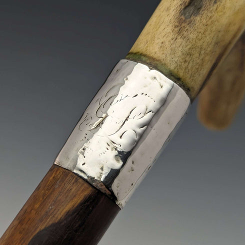 Circa 1900 British Antique Men's Cane Sterling Silver Decorated Antler Handle Brown Shaft 85.5cm