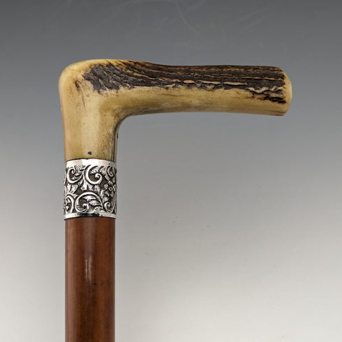 Late 19th Century British Antique Cane with Horse Measure Antler Handle Brown Shaft 92cm