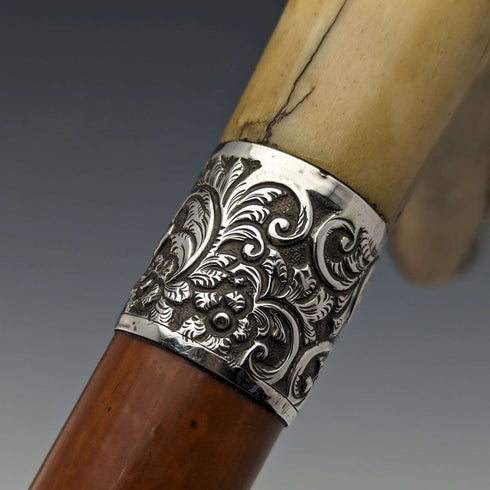 Late 19th Century British Antique Cane with Horse Measure Antler Handle Brown Shaft 92cm