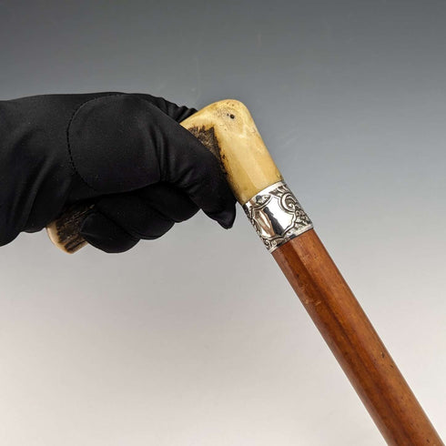 Late 19th Century British Antique Cane with Horse Measure Antler Handle Brown Shaft 92cm