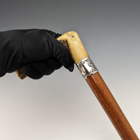 Late 19th Century British Antique Cane with Horse Measure Antler Handle Brown Shaft 92cm