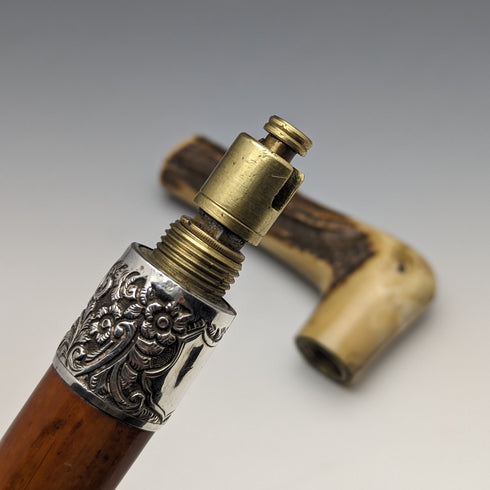 Late 19th Century British Antique Cane with Horse Measure Antler Handle Brown Shaft 92cm