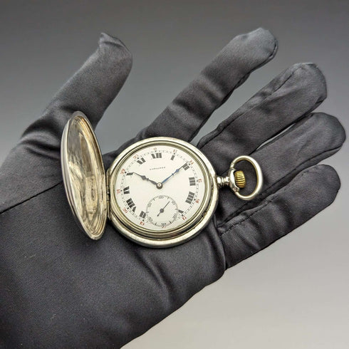 Circa 1922 Antique Longines Pocket Watch Silver side Hunter case in good working order