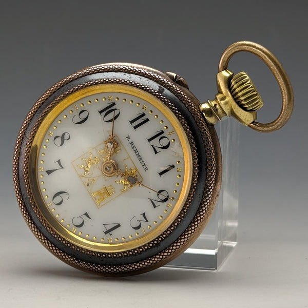 Circa 1900 Antique Paul Hemmeler Pocket Watch Gold Filled & Gunmetal Case Crystal Back Good Working Condition