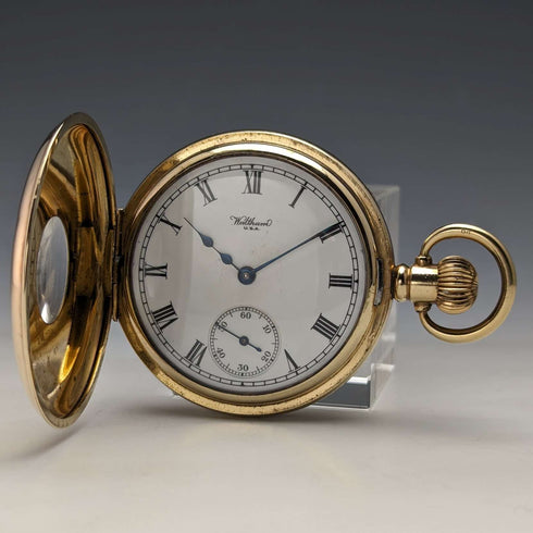 Circa 1915 American antique Waltham pocket watch Dennison case gold-plated half hunter refurbished