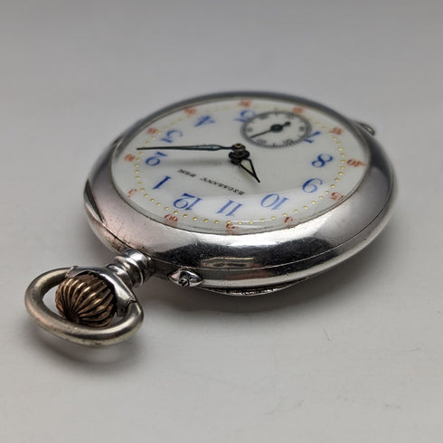 Circa 1900 Antique Swiss Escasany ladies pocket watch with flower engraving silver side case in good working order