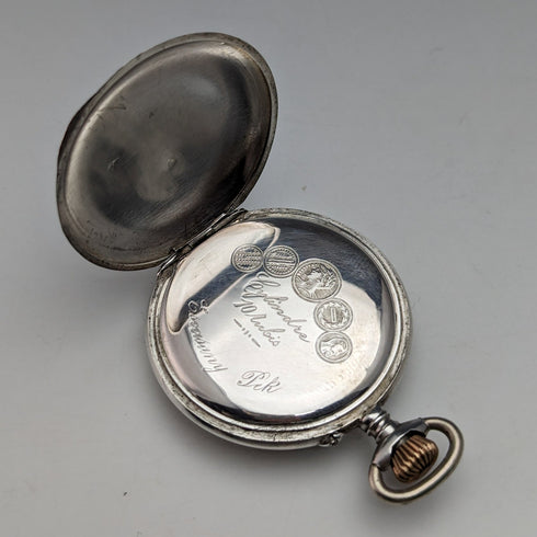 Circa 1900 Antique Swiss Escasany ladies pocket watch with flower engraving silver side case in good working order