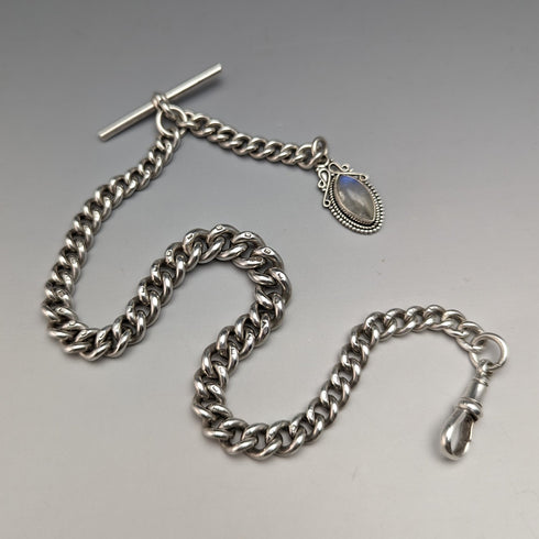 1929 年英國復古純銀阿爾伯特鏈 48 克月光石吊墜