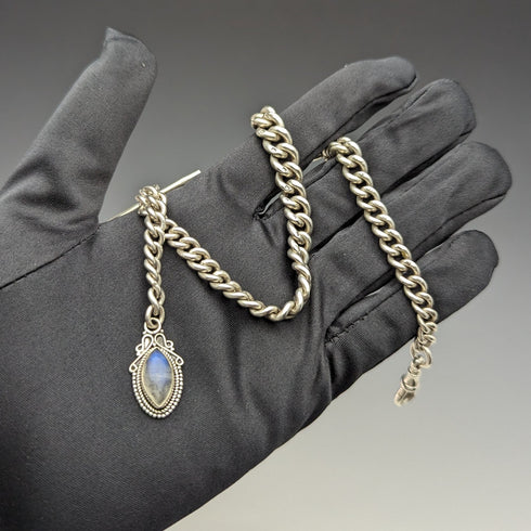 1929 年英國復古純銀阿爾伯特鏈 48 克月光石吊墜