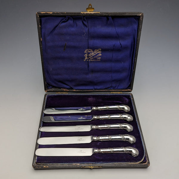 1905 British Antique Sterling Silver Handle Set of 5 Tea Knives by John Biggin in Case