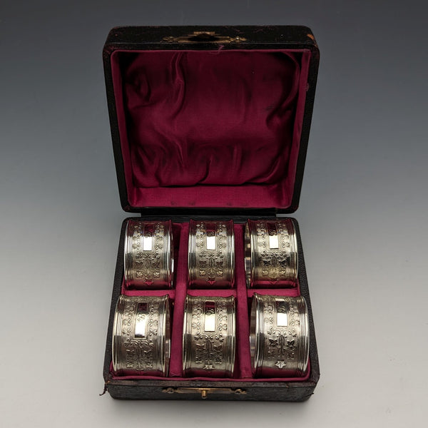 19世紀末頃 英国アンティーク シルバープレート製 ナプキンリング 6個セット ケース入り