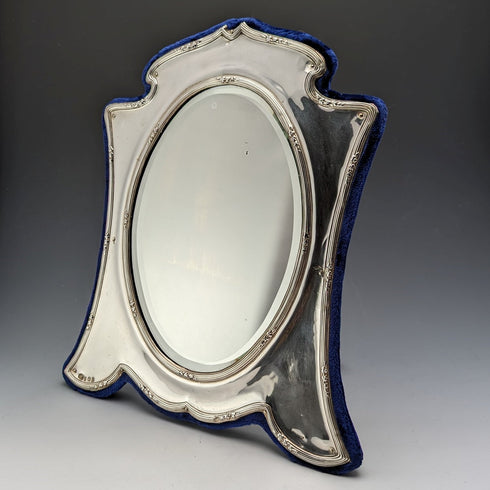 1905 British Antique Sterling Silver Frame Desk Mirror Makeup Mirror Elkington