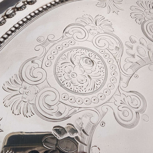 1903年 英国アンティーク 純銀製サルヴァ トレイ 直径32cm 824g GOLDSMITHS & SILVERSMITHS