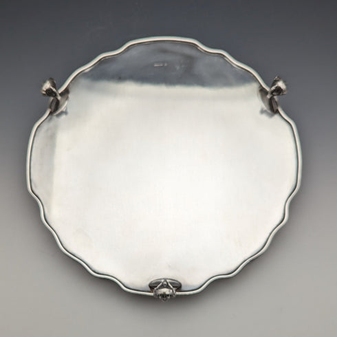 英国ヴィンテージ シルバープレート製 脚付きギャラリートレイ 直径25cm Walker&Hall