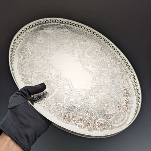 英国ヴィンテージ シルバープレート製 オーバル型 ギャラリートレイ Baker Ellis
