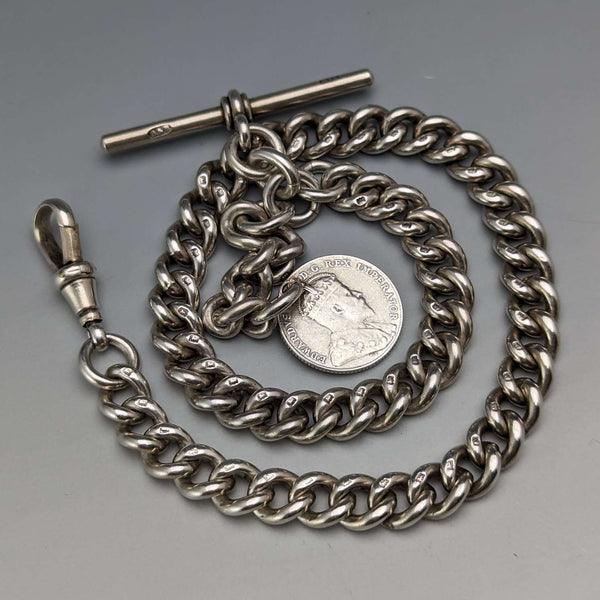 1909年 英国アンティーク 純銀製アルバートチェーン 54g カナダコインフォブ