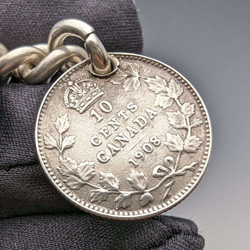 1909年 英国アンティーク 純銀製アルバートチェーン 54g カナダコインフォブ