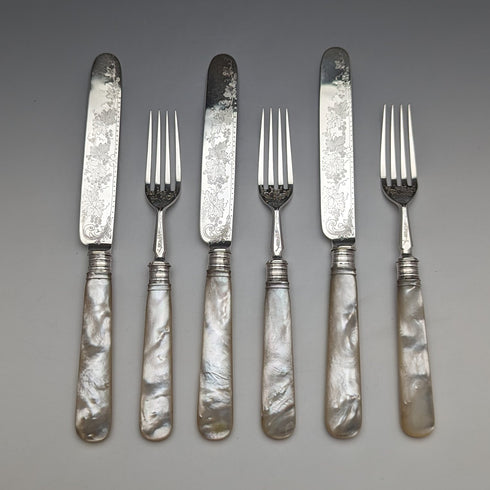 1880 British Antique Engraved White Pearl Handle Dessert Cutlery 3 Pair Set Stokes & Ireland