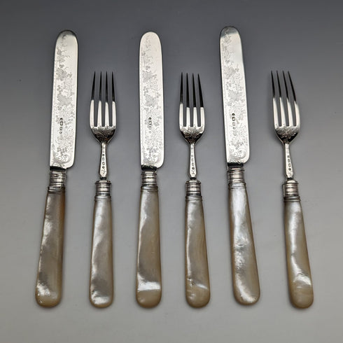 1880 British Antique Engraved White Pearl Handle Dessert Cutlery 3 Pair Set Stokes & Ireland
