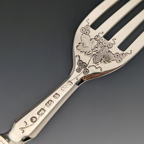 1880 British Antique Engraved White Pearl Handle Dessert Cutlery 3 Pair Set Stokes & Ireland