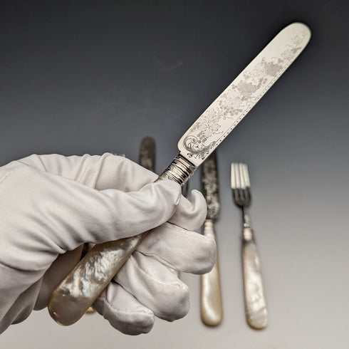1880 British Antique Engraved White Pearl Handle Dessert Cutlery 3 Pair Set Stokes & Ireland