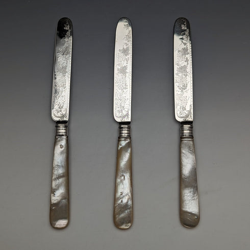 1880 British Antique Engraved White Pearl Handle Dessert Knife x3 Stokes & Ireland