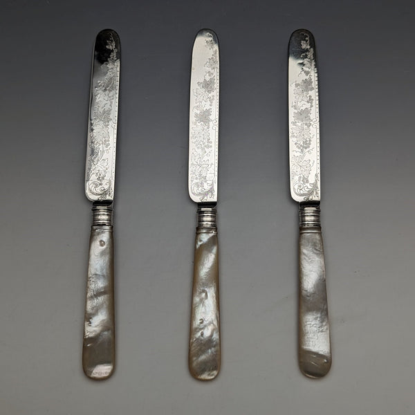 1880 British Antique Engraved White Pearl Handle Dessert Knife x3 Stokes & Ireland